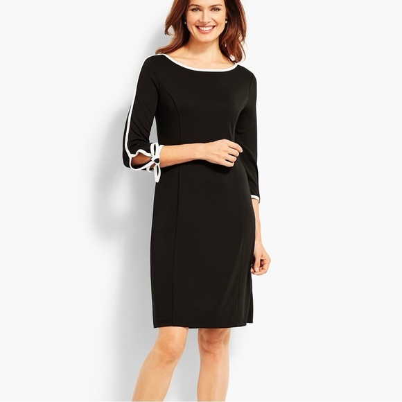 TALBOTS WOMENS XS BLACK WHITE ELBOW-SLEEVE TIE SMOOTH JERSEY DRESS BUSINESS EUC! - Picture 1 of 15
